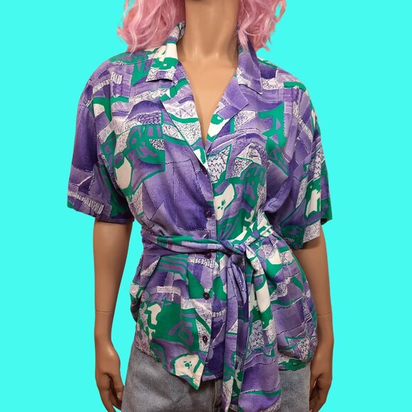 Vintage 80s Abstract Print Rayon Shirt Short Sleeve Button Up Belted Blouse Sz M - Picture 2 of 5